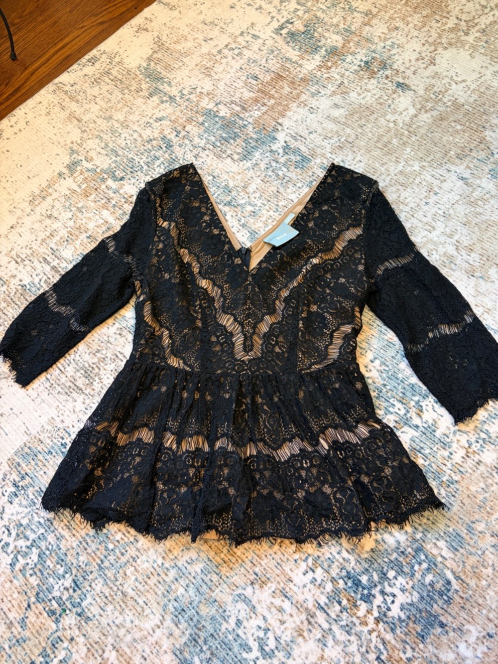 Maeve Black Lace Peplum Top with V-Neck